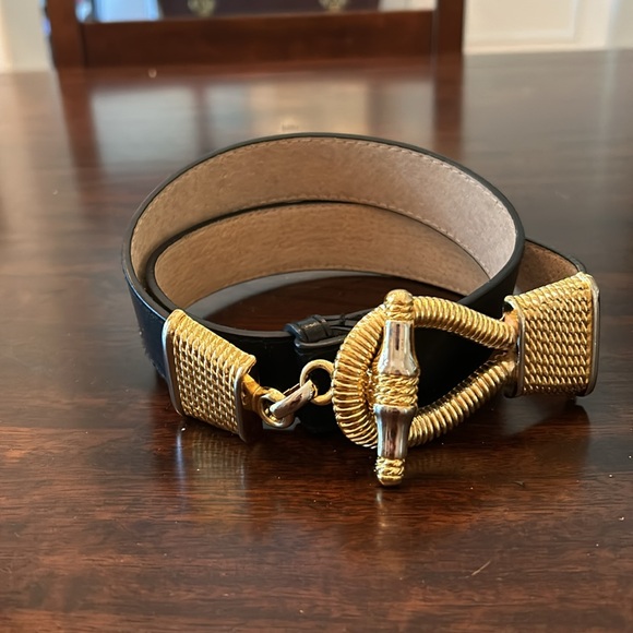 Belt, black leather with gold & silver buckle. Size 32” - Picture 1 of 3